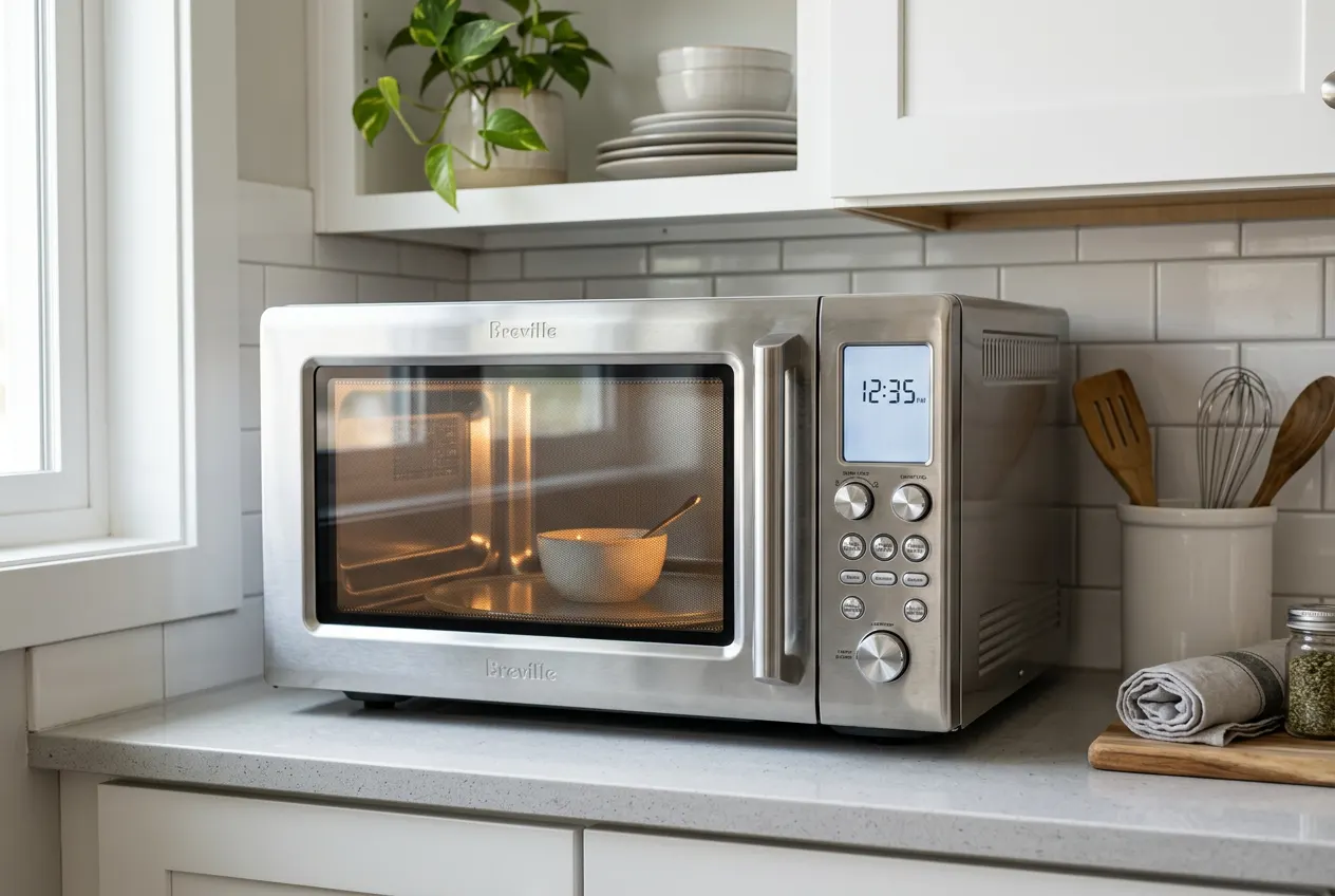Modern microwave in a clean kitchenette.