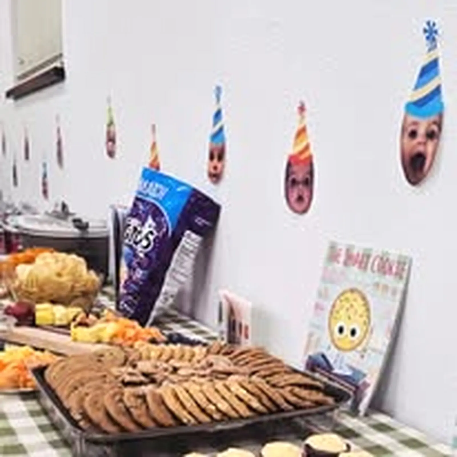 Kitchen prep counter arranged for catering and refreshments.