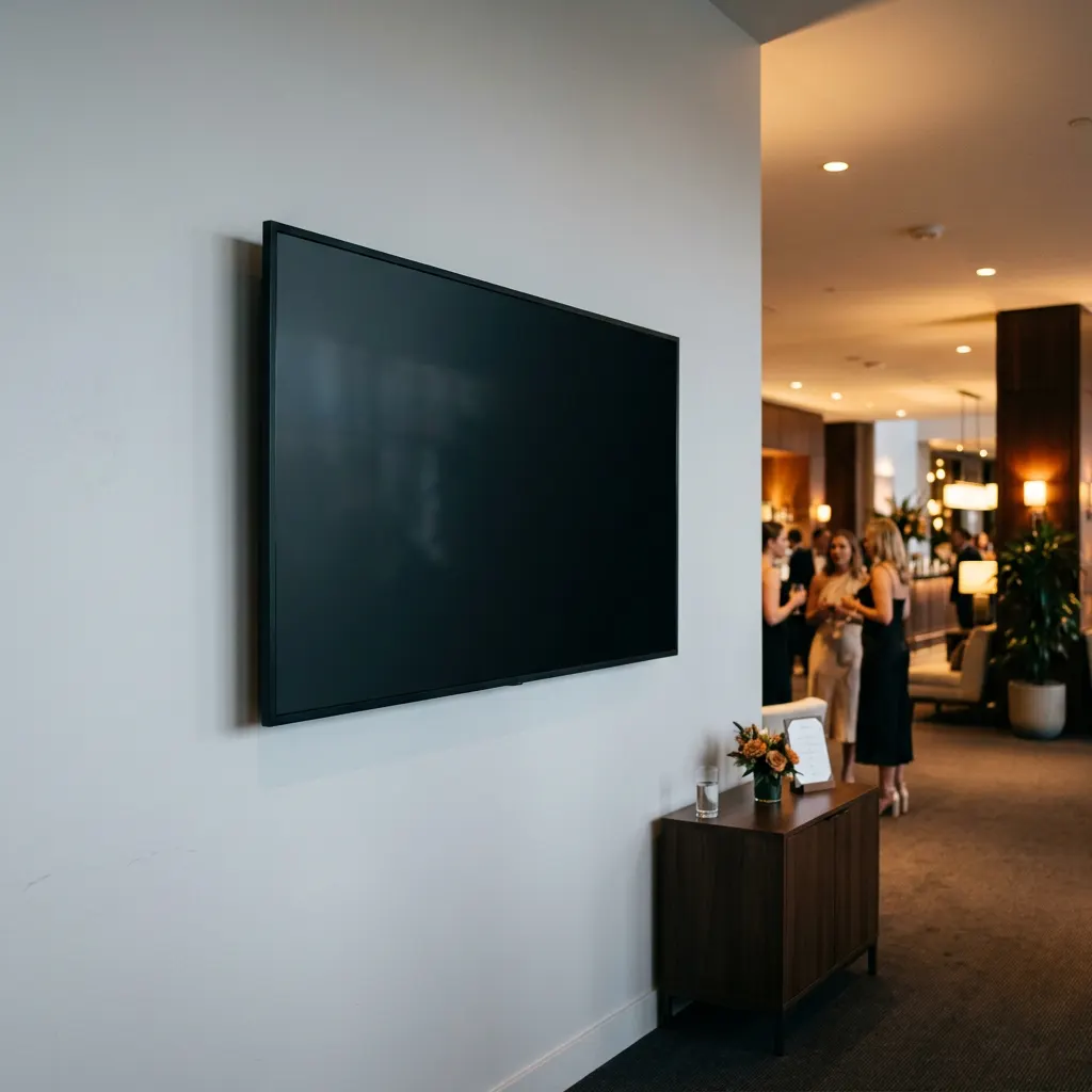 Wall-mounted TV display inside an event venue.